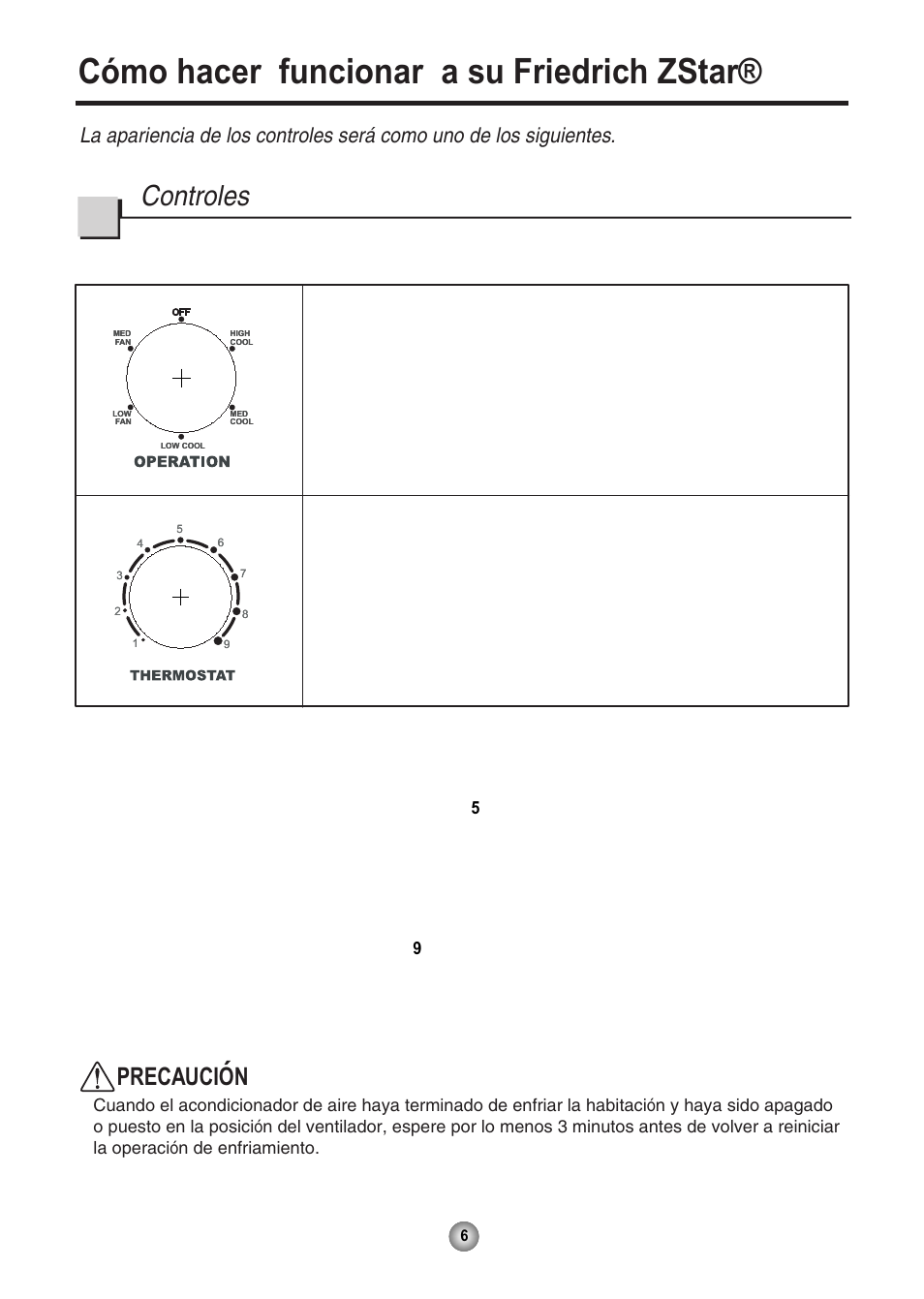 Cómo hacer funcionar a su friedrich zstar, Controles, Precaucion | Para un enfriamiento normal, Para un enfriamiento maximo, Para una operación silenciosa | Friedrich CP08 User Manual | Page 48 / 62