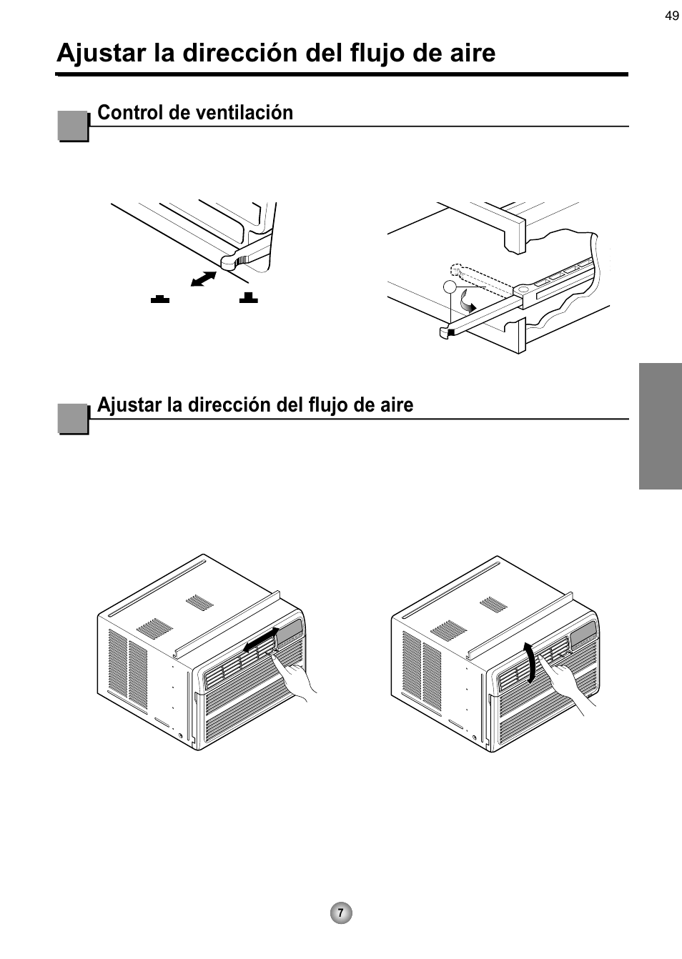 Ajustar la dirección del flujo de aire, Control de ventilación, Español | Friedrich CP08 User Manual | Page 49 / 62