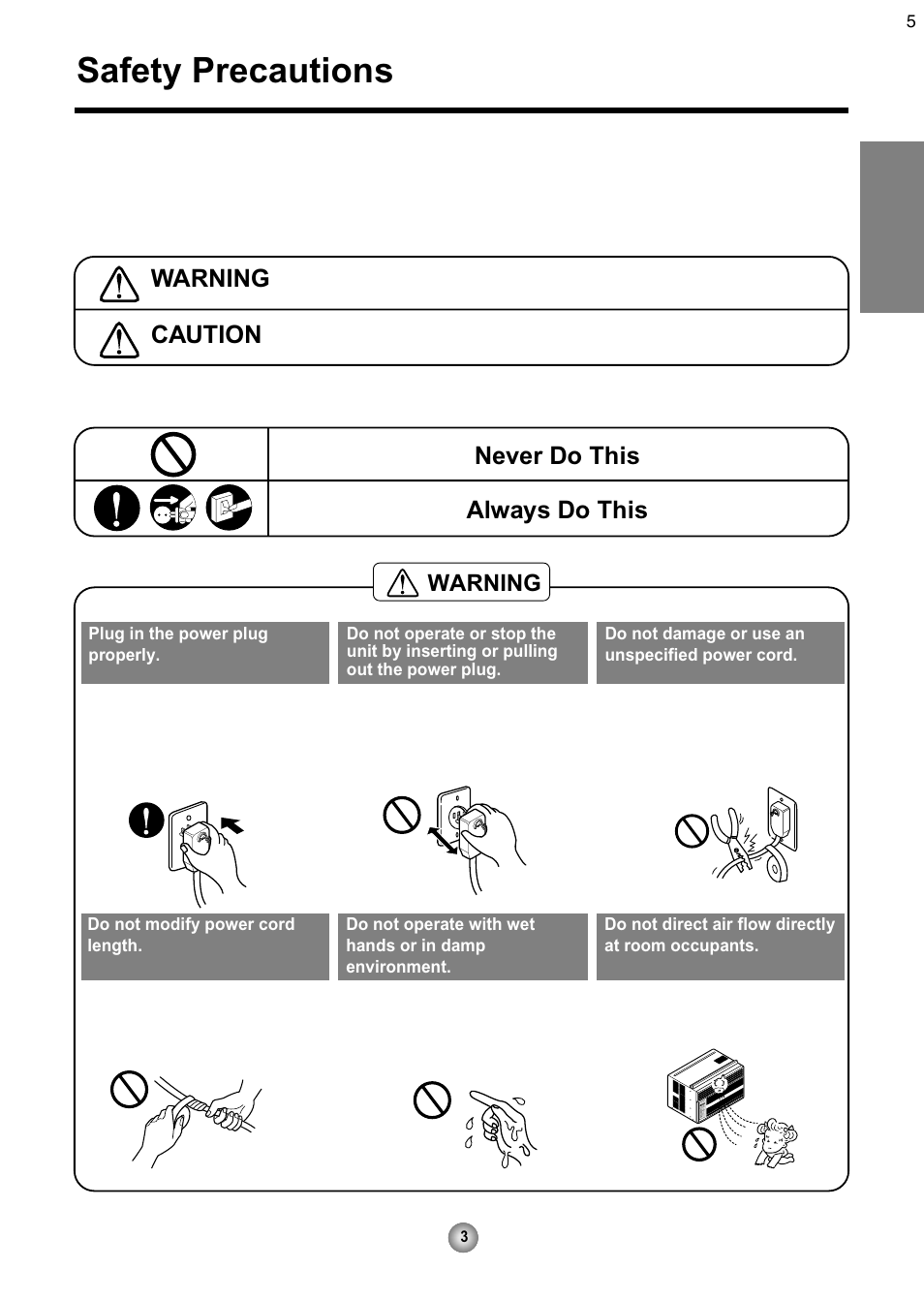 Safety precautions, English, Warning | Caution, Never do this always do this | Friedrich CP08 User Manual | Page 5 / 62