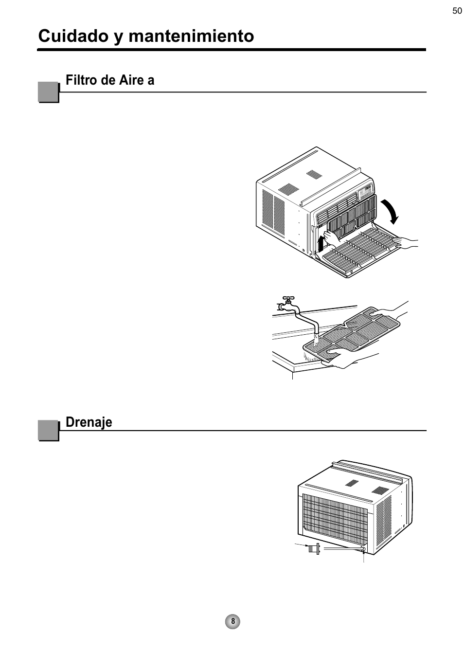 Cuidado y mantenimiento, Filtro de aire a, Drenaje | Como quitar el filtro de aire | Friedrich CP08 User Manual | Page 50 / 62