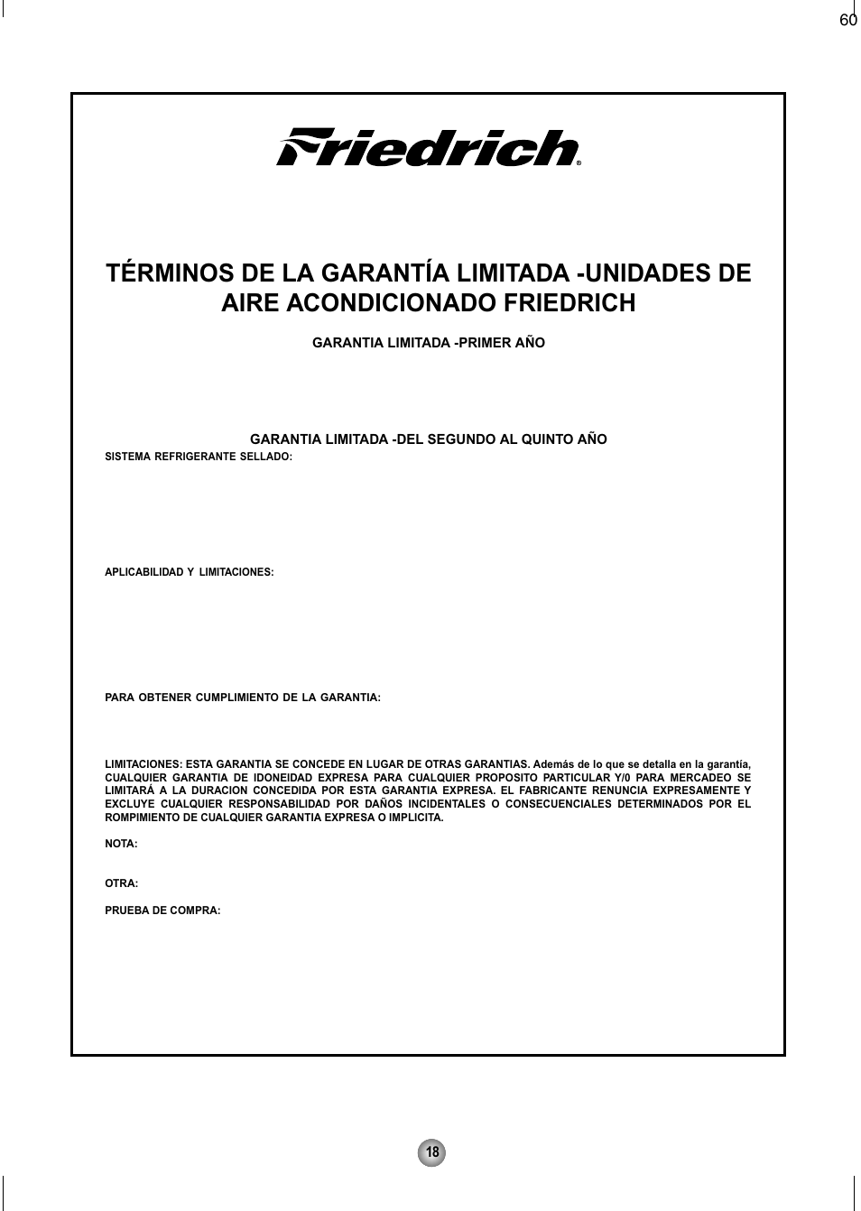 Friedrich air conditioning co | Friedrich CP08 User Manual | Page 60 / 62
