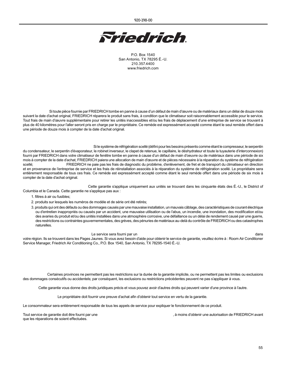 Climatiseurs de fenêtre garantie limitée, Première année, Deuxième à cinquième année | Friedrich KS15 User Manual | Page 55 / 56