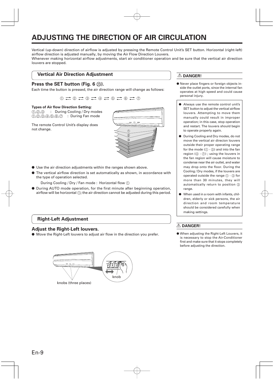 Adjusting the direction of air circulation, En-9 | Friedrich MR09C1F User Manual | Page 10 / 46