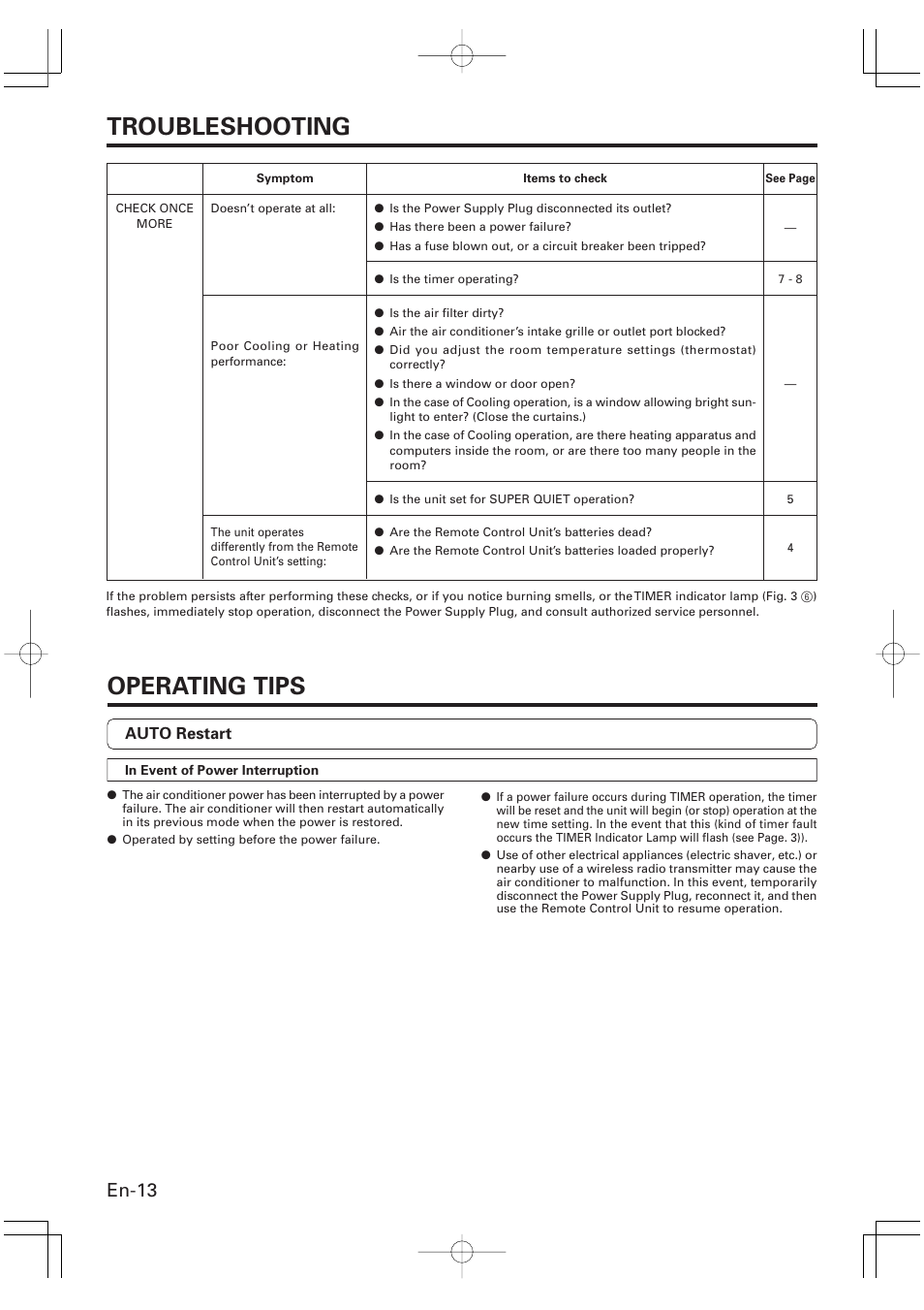 Troubleshooting, Operating tips, En-13 | Friedrich MR09C1F User Manual | Page 14 / 46