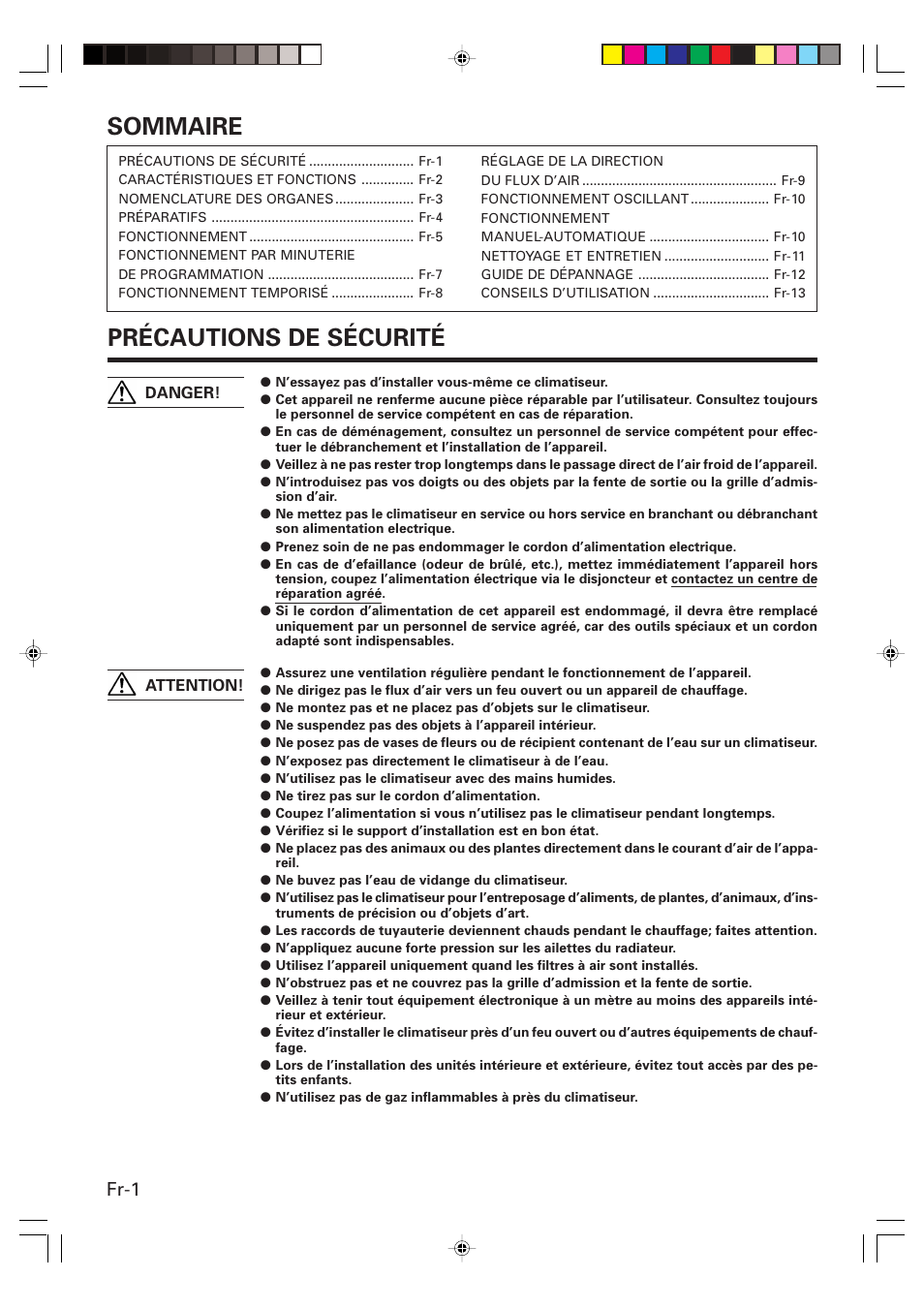 Sommaire, Précautions de sécurité, Fr-1 | Friedrich MR09C1F User Manual | Page 16 / 46