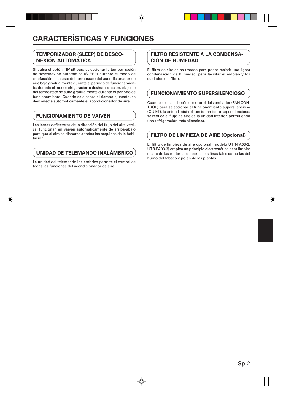 Características y funciones, Sp-2 | Friedrich MR09C1F User Manual | Page 31 / 46