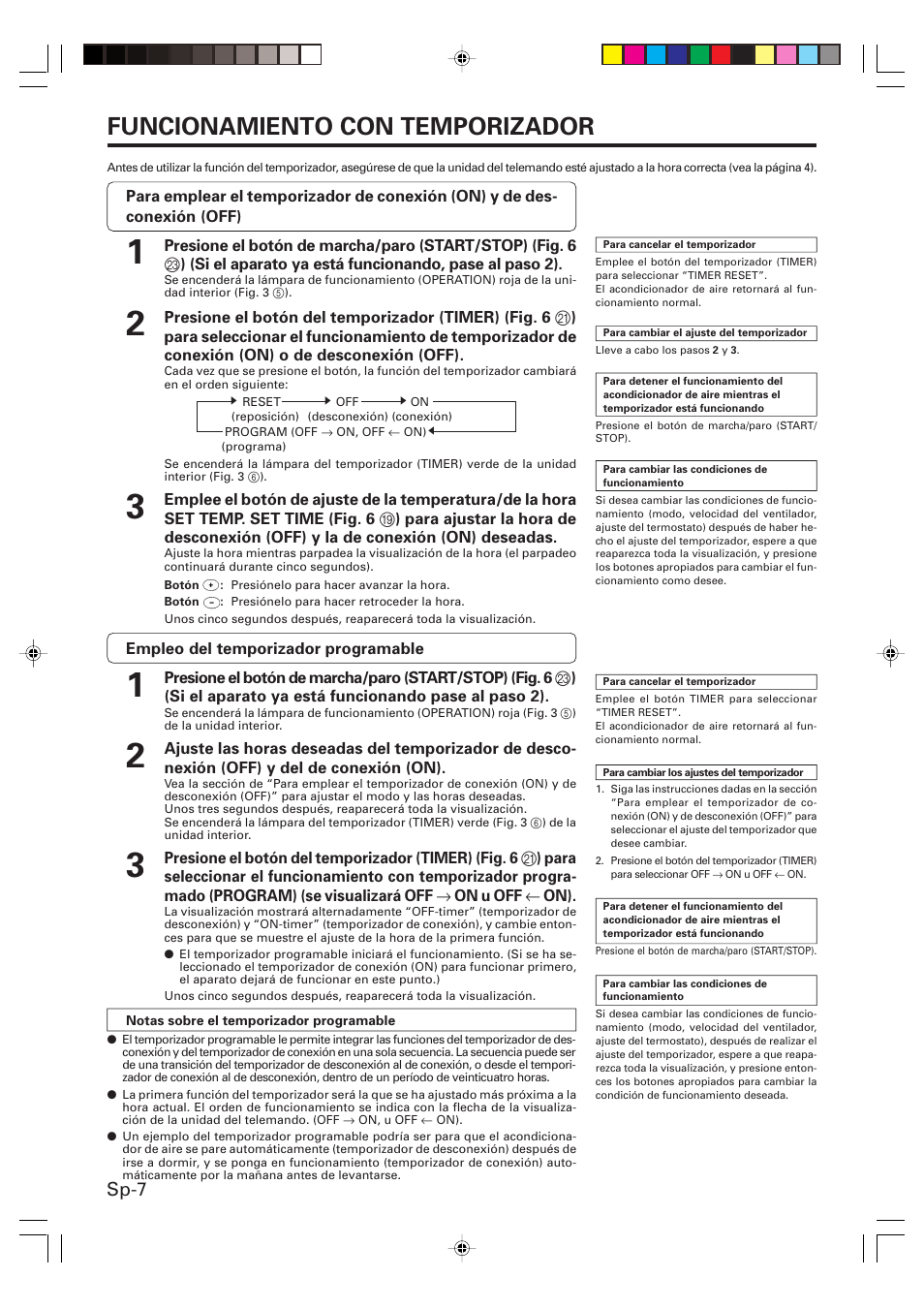 Funcionamiento con temporizador, Sp-7 | Friedrich MR09C1F User Manual | Page 36 / 46