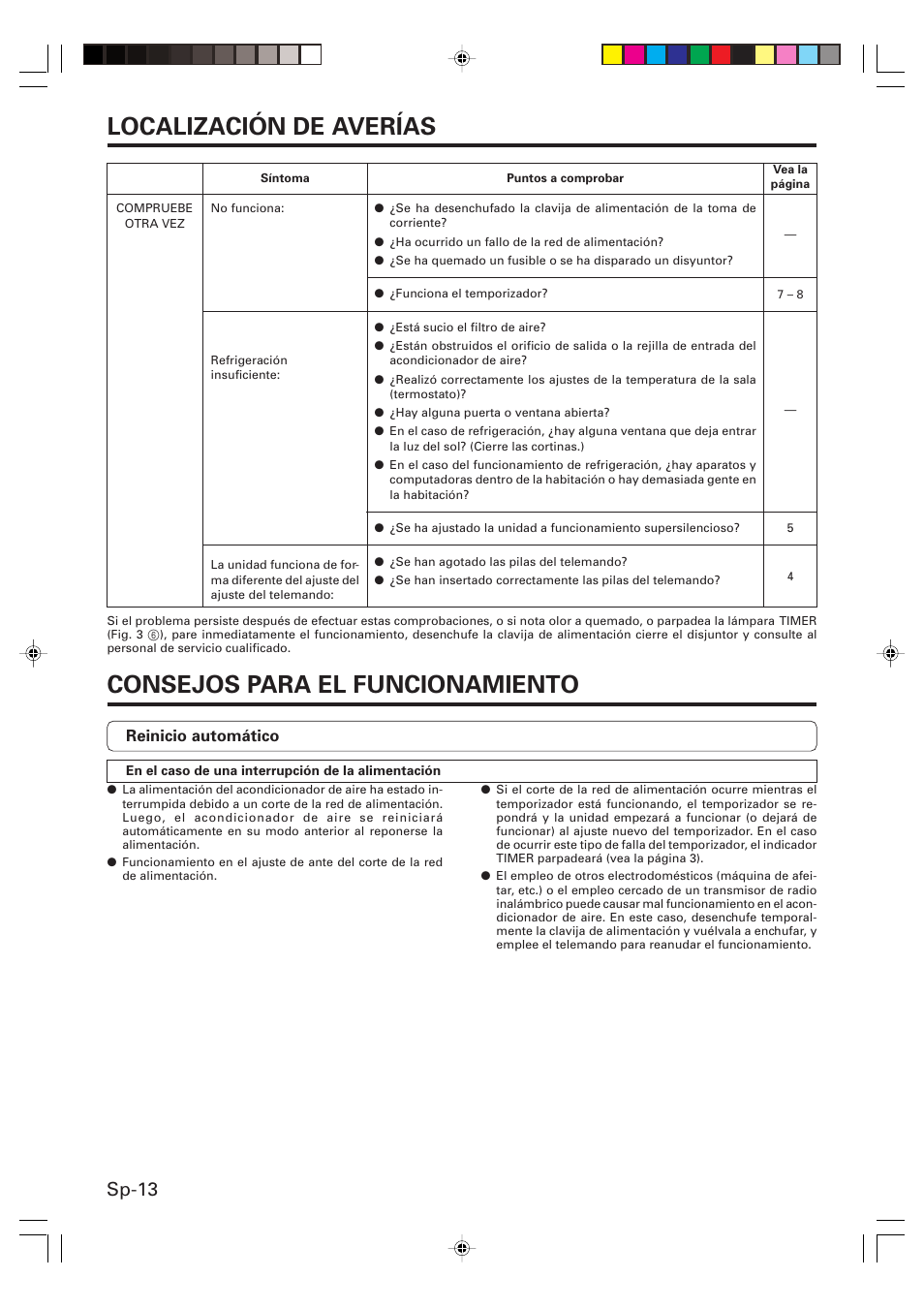 Localización de averías, Consejos para el funcionamiento, Sp-13 | Friedrich MR09C1F User Manual | Page 42 / 46