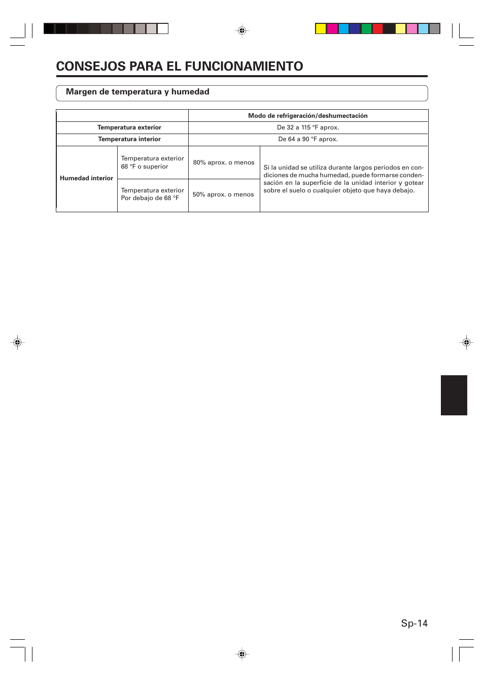 Consejos para el funcionamiento, Sp-14 | Friedrich MR09C1F User Manual | Page 43 / 46