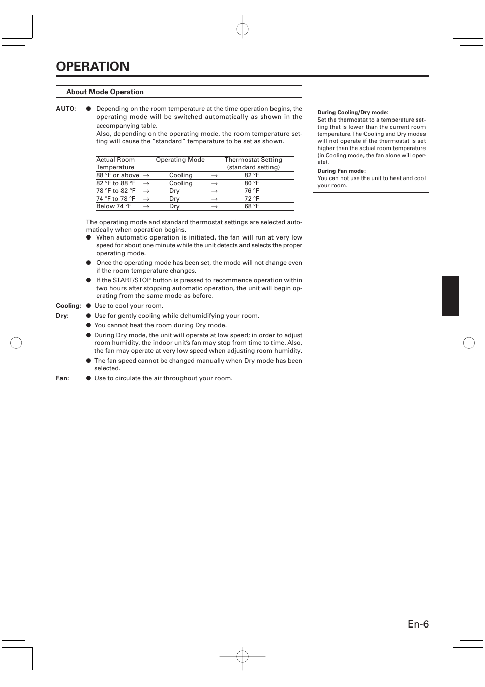 Operation, En-6 | Friedrich MR09C1F User Manual | Page 7 / 46