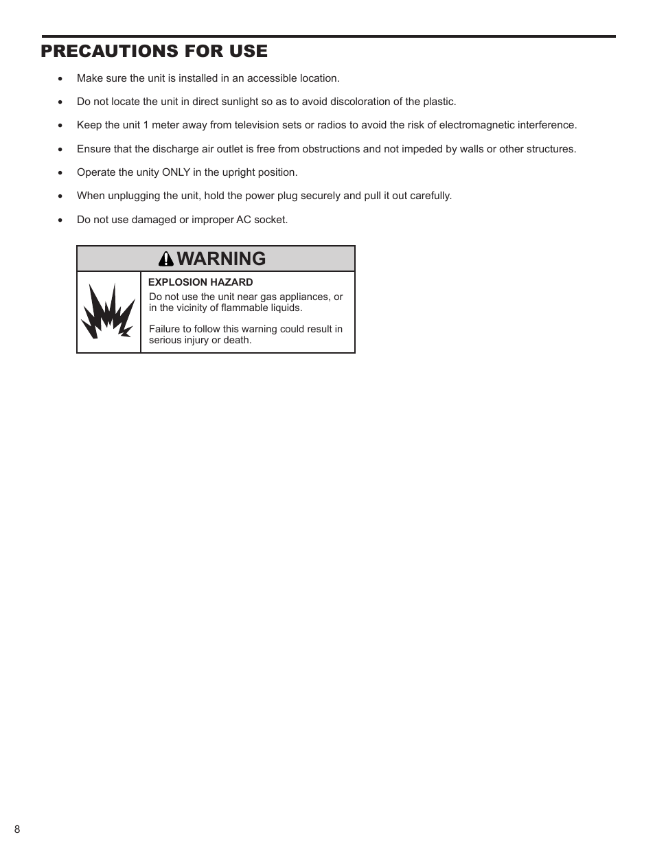 Warning, Precautions for use | Friedrich P012A User Manual | Page 10 / 24