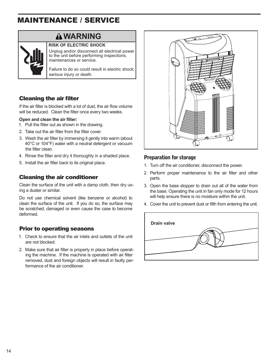 Warning, Maintenance / service | Friedrich P012A User Manual | Page 16 / 24