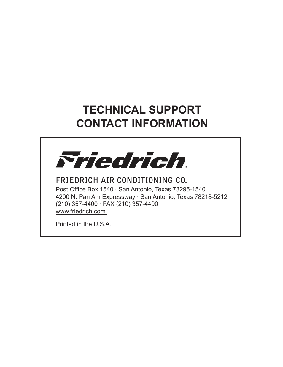Technical support contact information | Friedrich P012A User Manual | Page 2 / 24