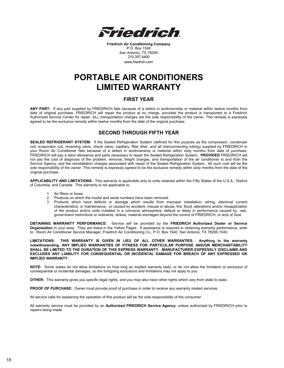 Portable air conditioners limited warranty, First year, Second through fifth year | Friedrich P012A User Manual | Page 20 / 24