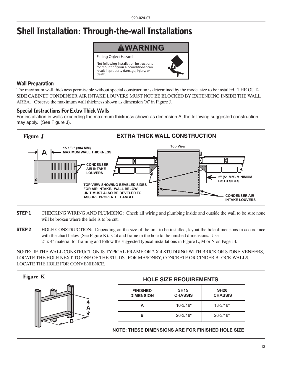 Shell installation: through-the-wall installations, Warning, Hole size requirements | Figure j extra thick wall construction figure k, Wall preparation, Special instructions for extra thick walls | Friedrich HAZARDGARD SH15 User Manual | Page 13 / 60