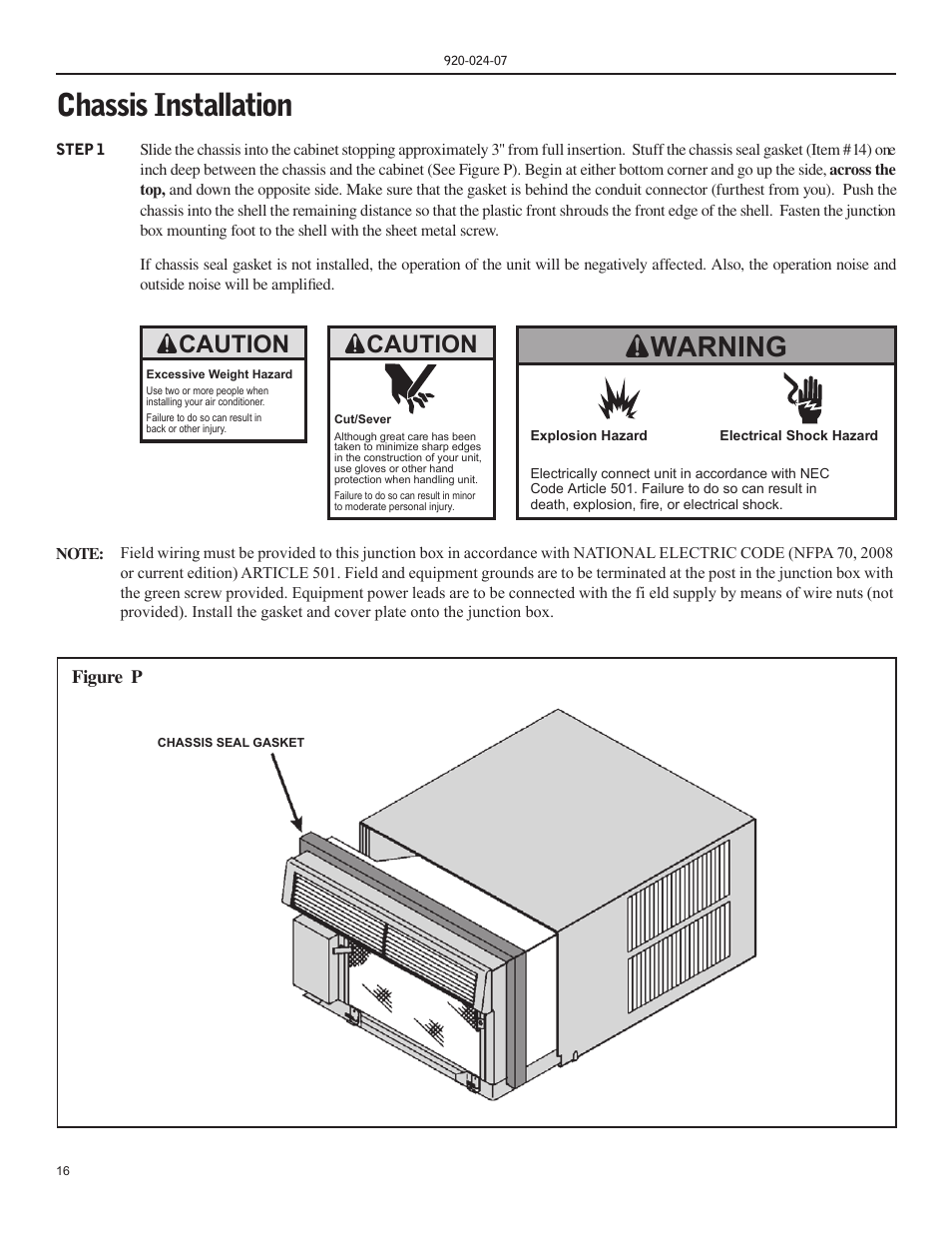Chassis installation, Warning, Caution | Friedrich HAZARDGARD SH15 User Manual | Page 15 / 60