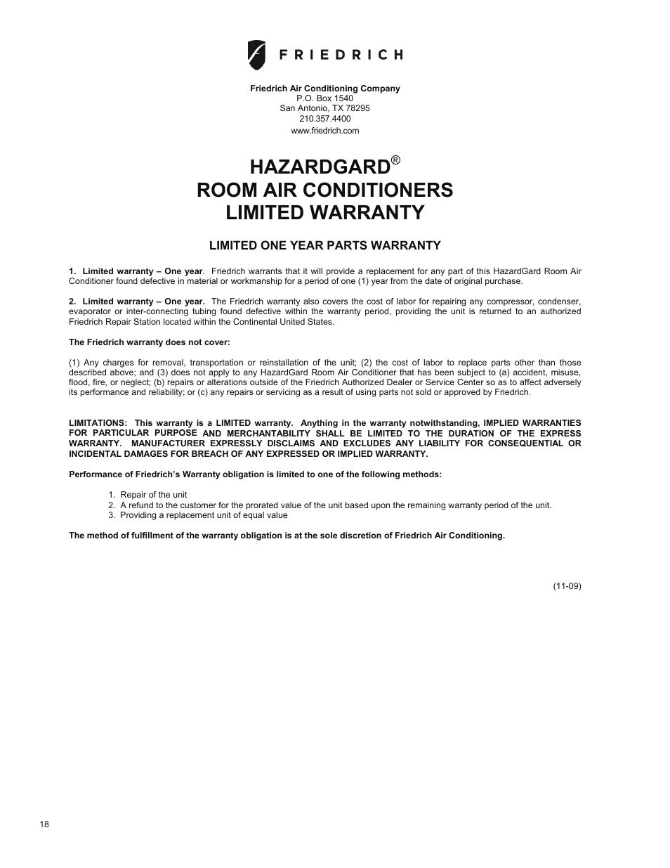 Hazardgard, Room air conditioners limited warranty | Friedrich HAZARDGARD SH15 User Manual | Page 18 / 60