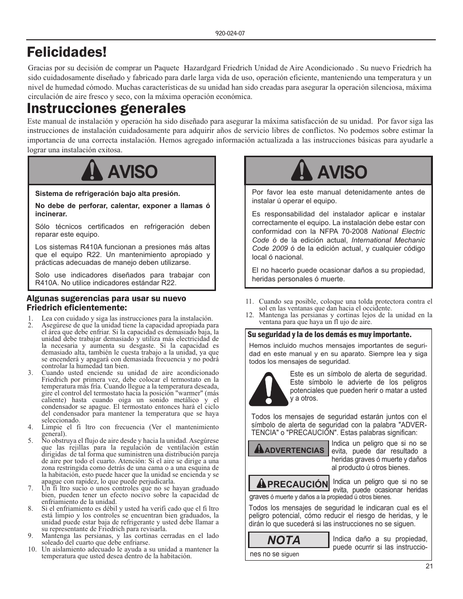 Aviso, Felicidades! instrucciones generales, Nota | Friedrich HAZARDGARD SH15 User Manual | Page 21 / 60