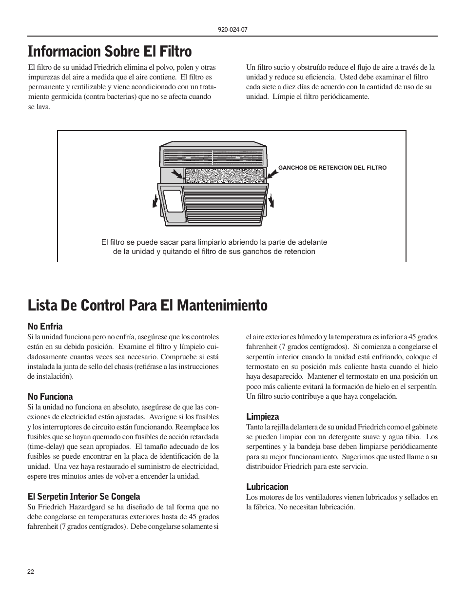 Lista de control para el mantenimiento, Informacion sobre el filtro | Friedrich HAZARDGARD SH15 User Manual | Page 22 / 60