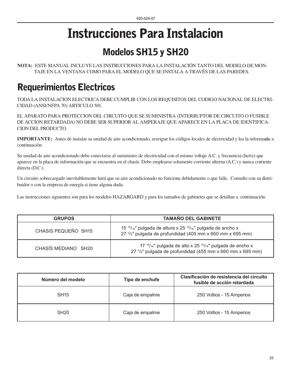 Instrucciones para instalacion, Modelos sh15 y sh20, Requerimientos electricos | Friedrich HAZARDGARD SH15 User Manual | Page 25 / 60