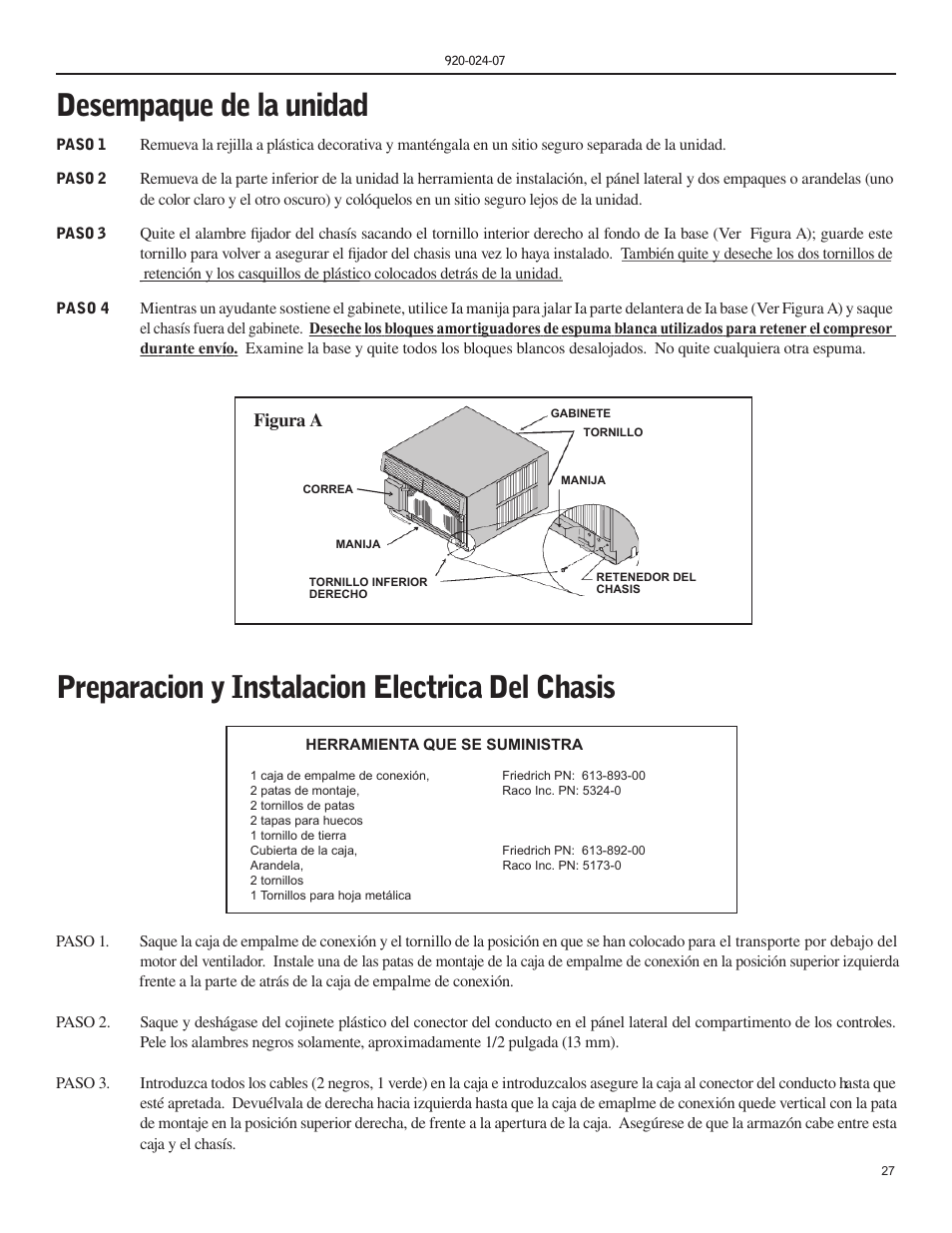 Desempaque de la unidad, Preparacion y instalacion electrica del chasis, Figura a | Friedrich HAZARDGARD SH15 User Manual | Page 27 / 60