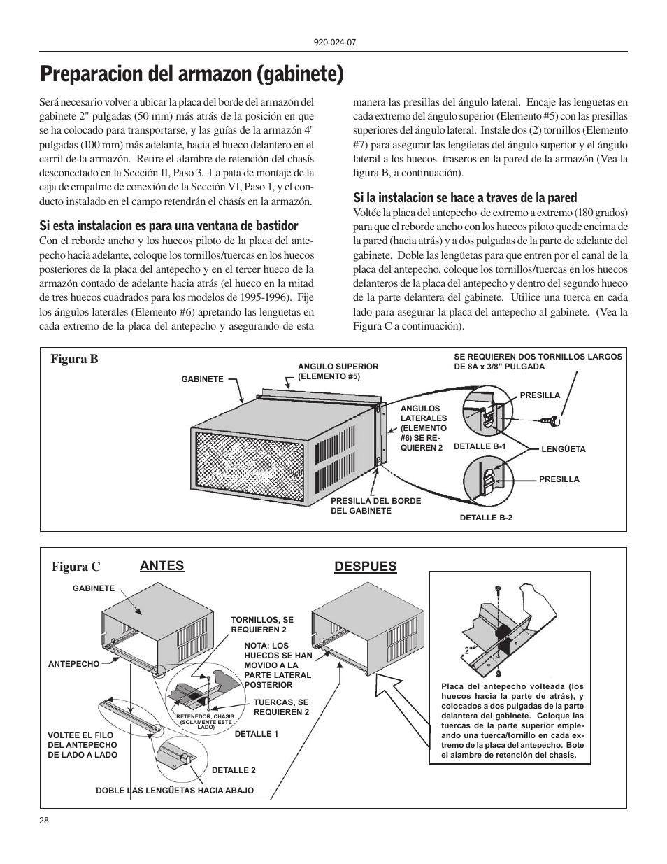 Preparacion del armazon (gabinete), Figura b, Antes despues | Figura c, Si la instalacion se hace a traves de la pared | Friedrich HAZARDGARD SH15 User Manual | Page 28 / 60