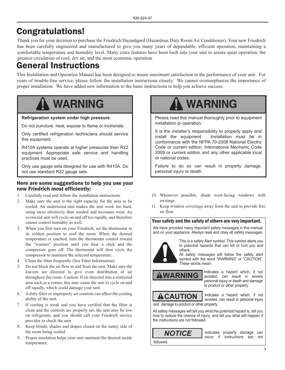 Warning, Caution, Notice | Friedrich HAZARDGARD SH15 User Manual | Page 3 / 60