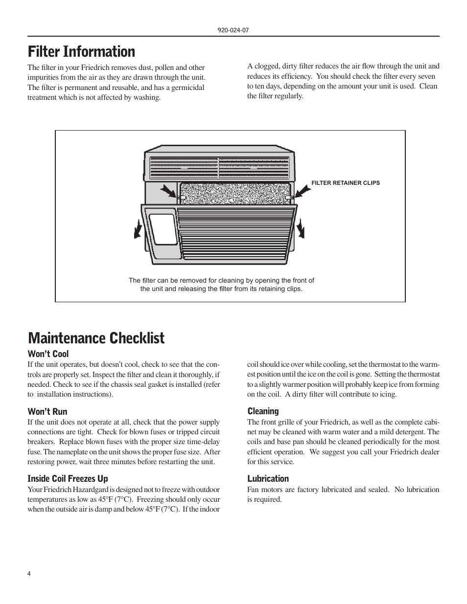 Filter information, Maintenance checklist | Friedrich HAZARDGARD SH15 User Manual | Page 4 / 60