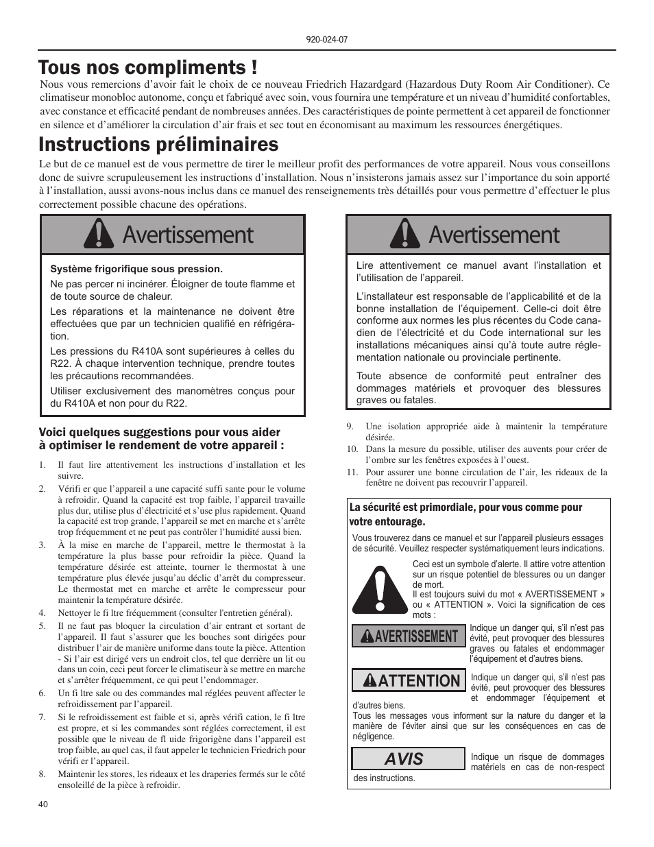 Avertissement, Tous nos compliments ! instructions préliminaires, Attention | Avis | Friedrich HAZARDGARD SH15 User Manual | Page 40 / 60