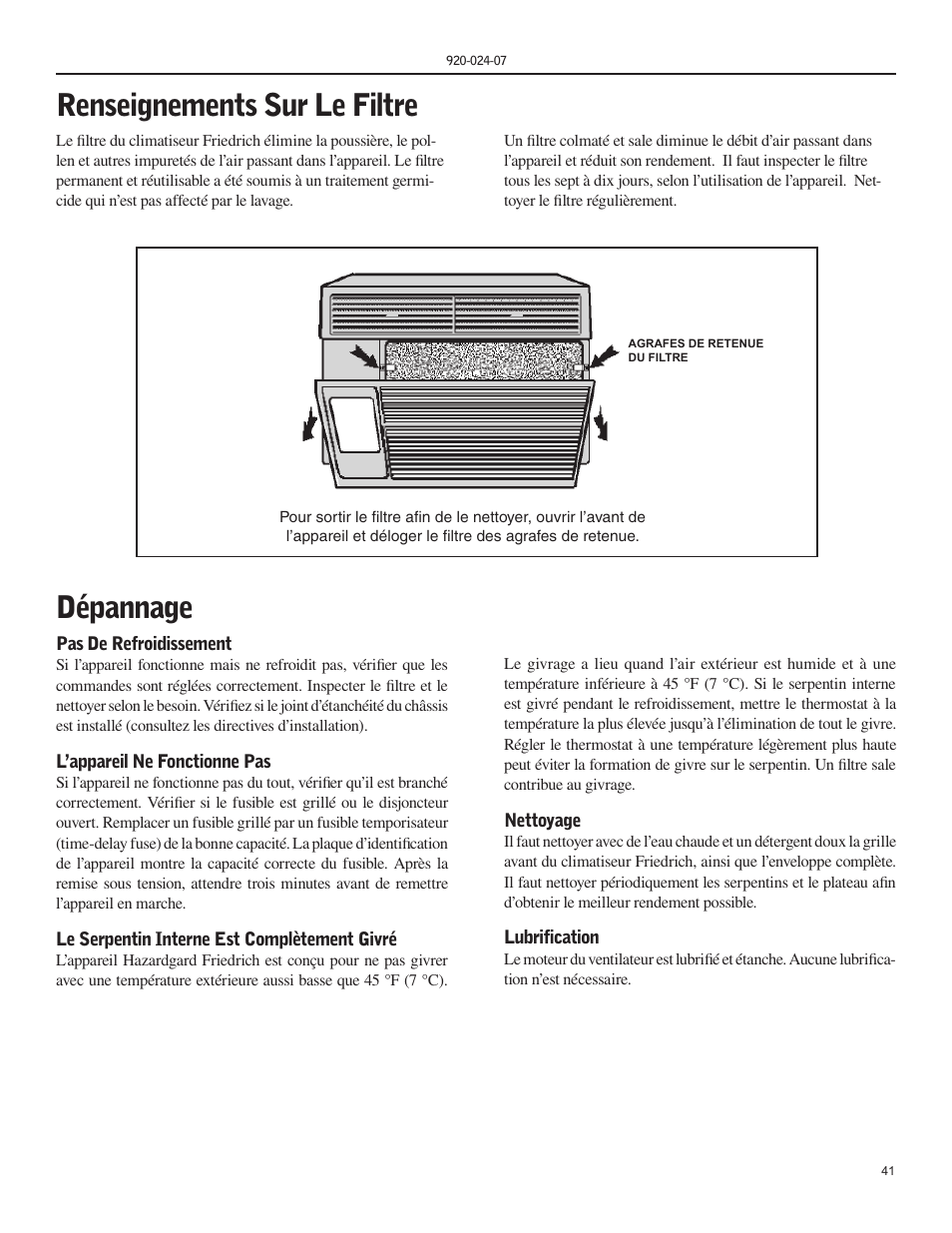 Renseignements sur le filtre dépannage | Friedrich HAZARDGARD SH15 User Manual | Page 41 / 60
