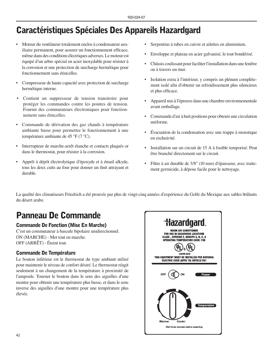 Panneau de commande | Friedrich HAZARDGARD SH15 User Manual | Page 42 / 60