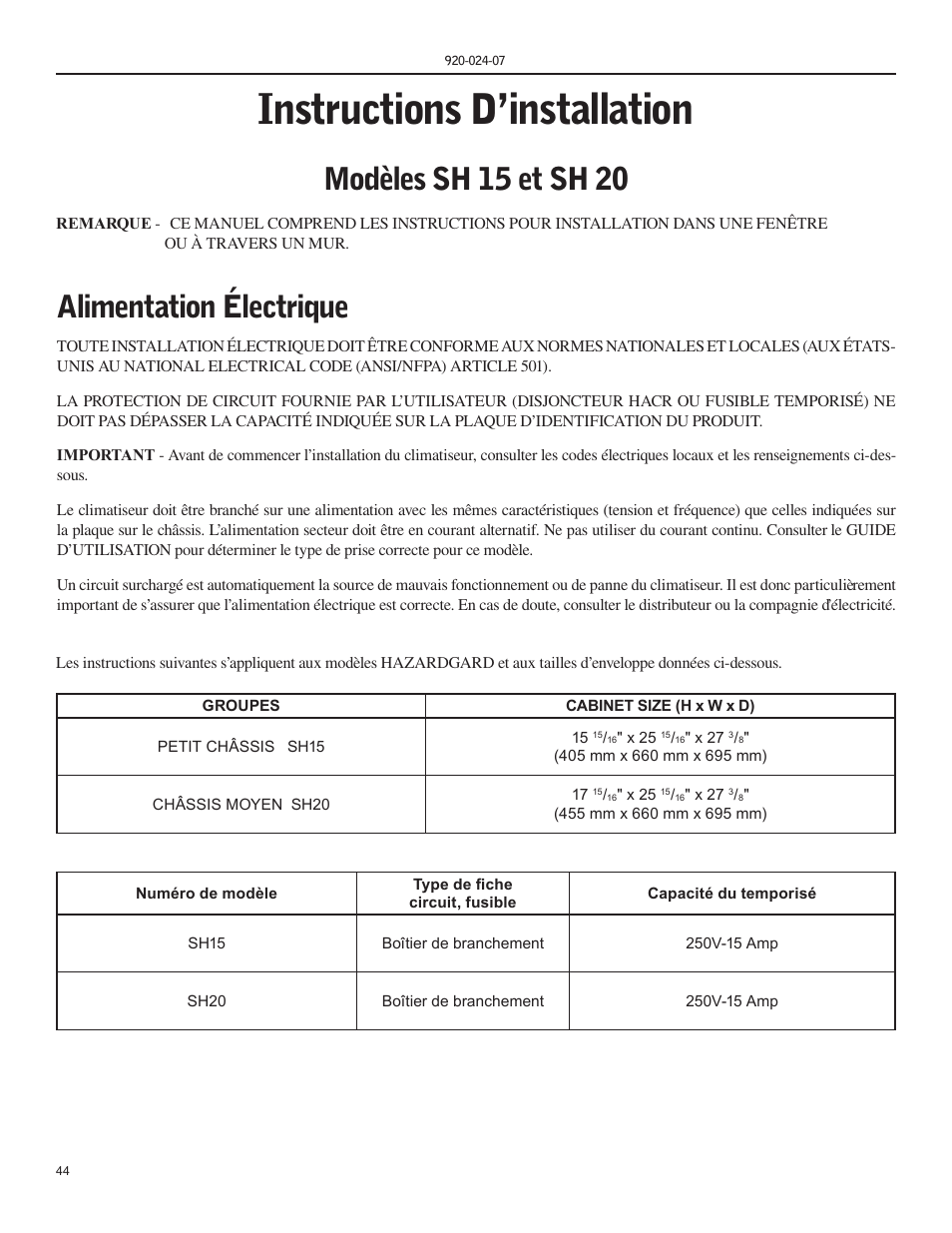 Instructions d’installation, Alimentation électrique, Modèles sh 15 et sh 20 | Friedrich HAZARDGARD SH15 User Manual | Page 44 / 60