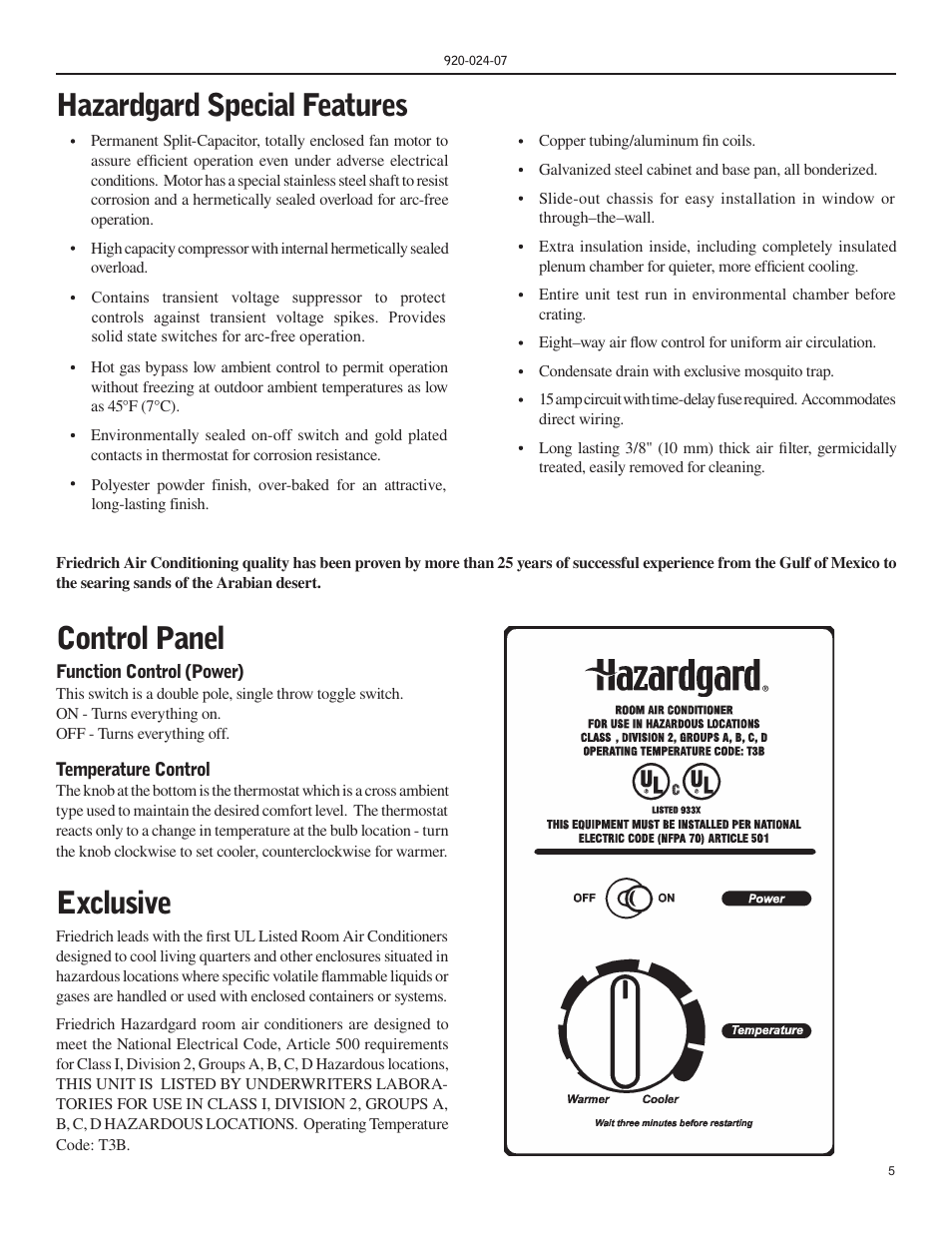 Hazardgard special features, Control panel, Exclusive | Friedrich HAZARDGARD SH15 User Manual | Page 5 / 60