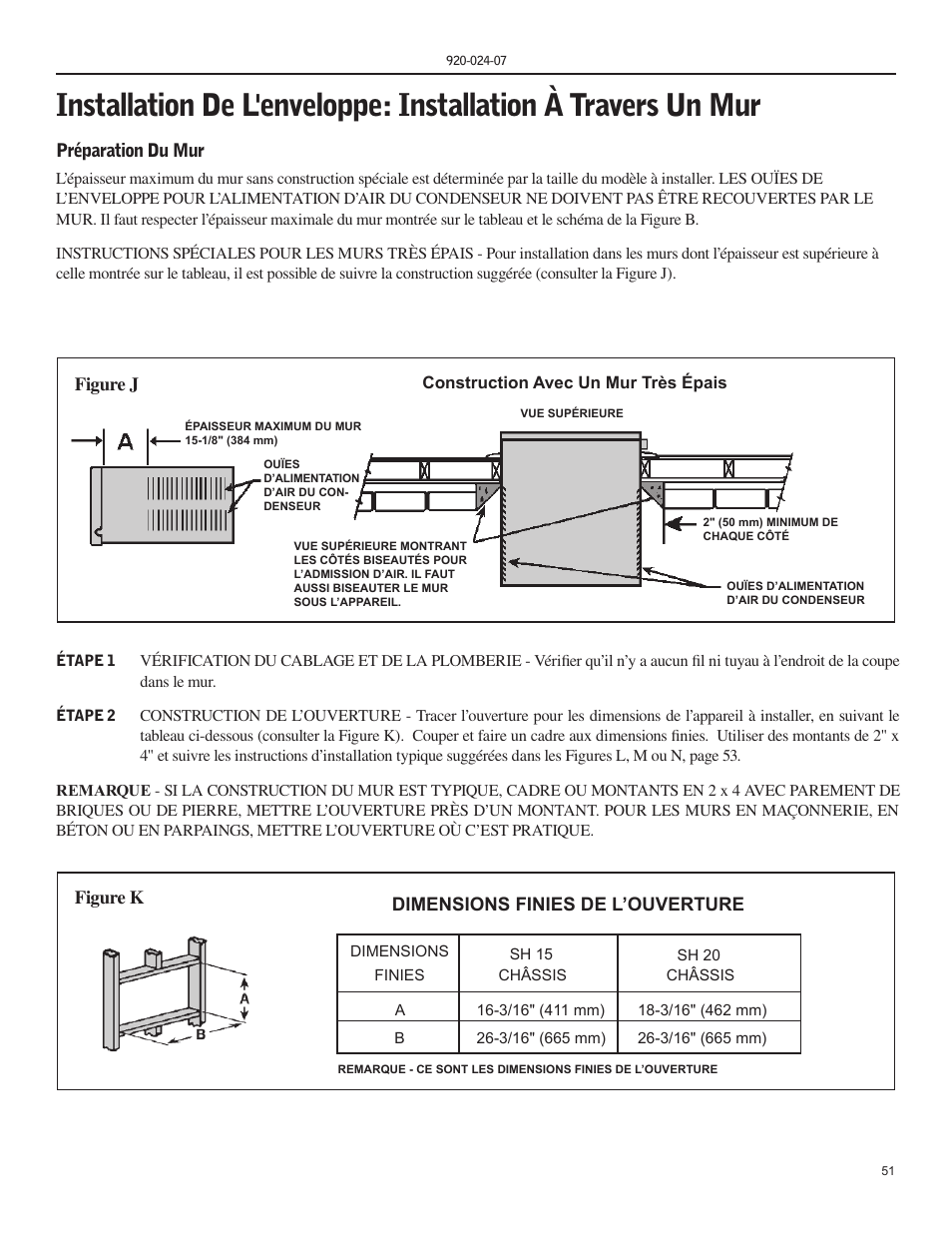 Préparation du mur, Figure j, Figure k | Dimensions finies de l’ouverture | Friedrich HAZARDGARD SH15 User Manual | Page 51 / 60