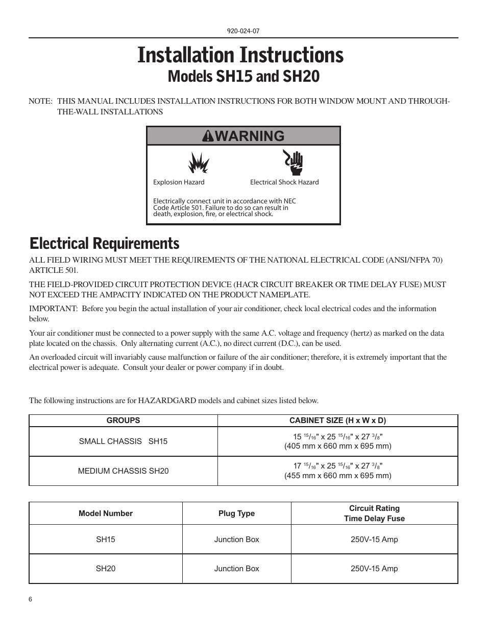 Installation instructions, Models sh15 and sh20, Electrical requirements | Warning | Friedrich HAZARDGARD SH15 User Manual | Page 6 / 60