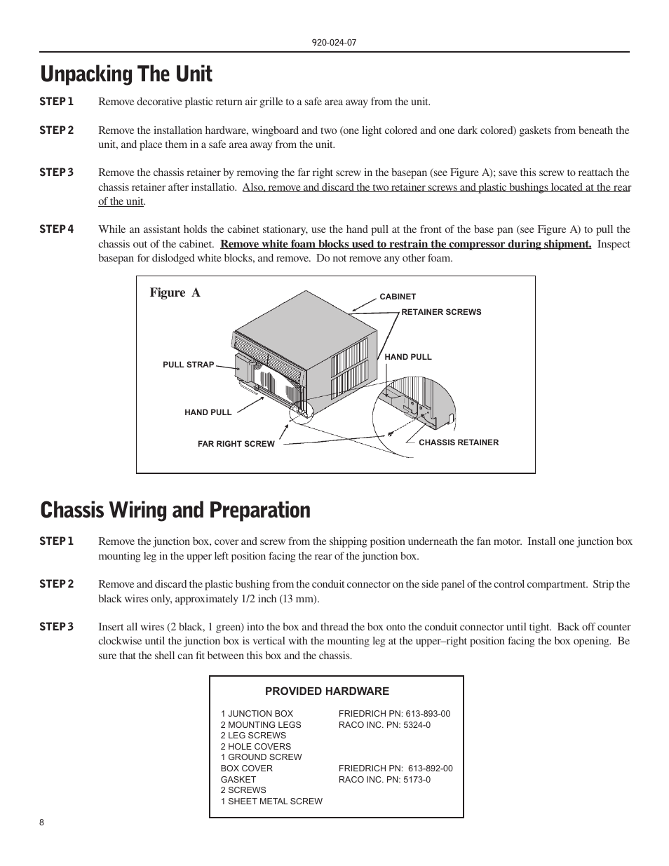 Unpacking the unit, Chassis wiring and preparation, Figure a | Friedrich HAZARDGARD SH15 User Manual | Page 8 / 60
