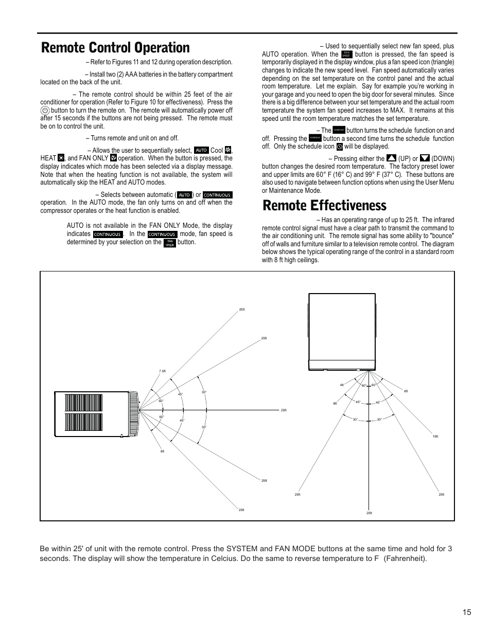 Remote control operation, Remote effectiveness, Side view top view | Friedrich KUHL R-410A User Manual | Page 16 / 87