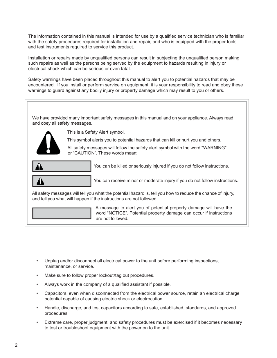 Warning caution notice, Important safety information, Personal injury or death hazards | Friedrich KUHL R-410A User Manual | Page 3 / 87