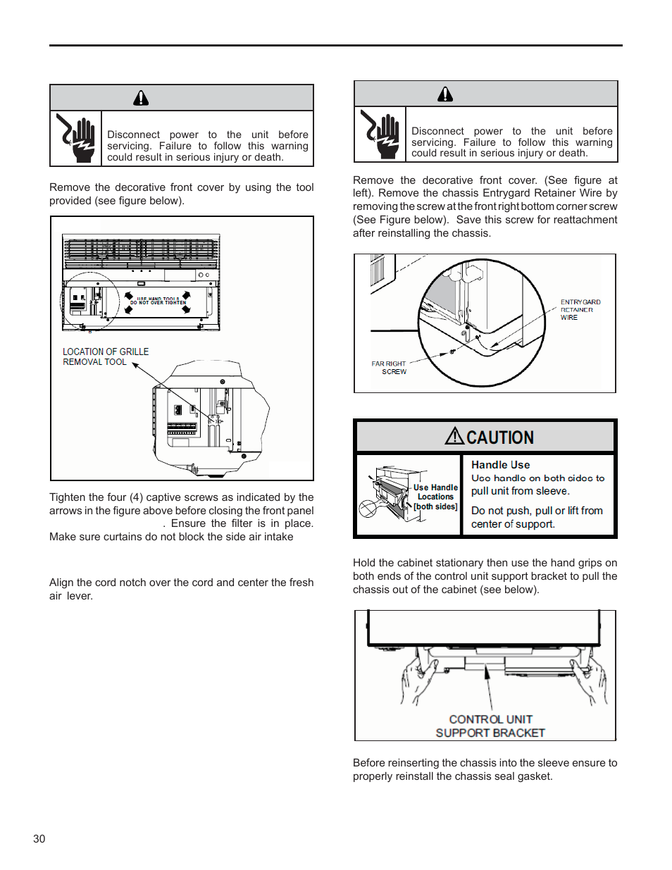 Warning, Removing the front cover removing the chassis | Friedrich KUHL R-410A User Manual | Page 31 / 87