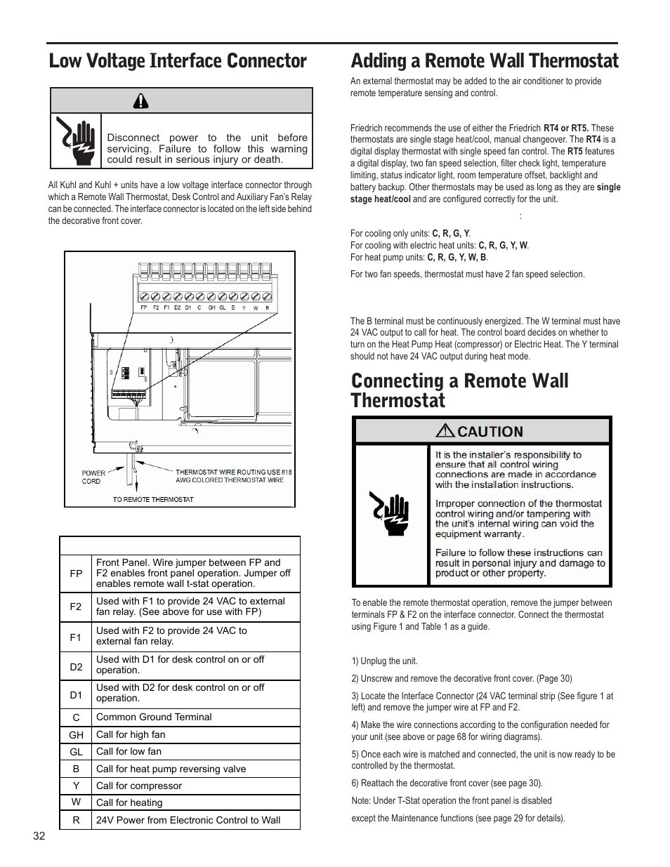 Low voltage interface connector, Adding a remote wall thermostat, Connecting a remote wall thermostat | Warning | Friedrich KUHL R-410A User Manual | Page 33 / 87