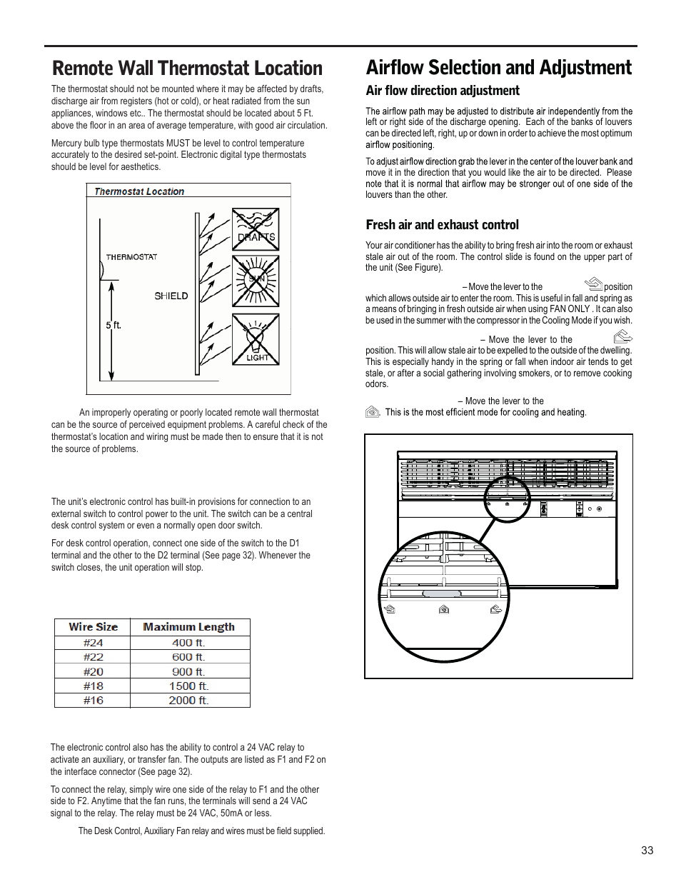 Remote wall thermostat location, Airflow selection and adjustment | Friedrich KUHL R-410A User Manual | Page 34 / 87