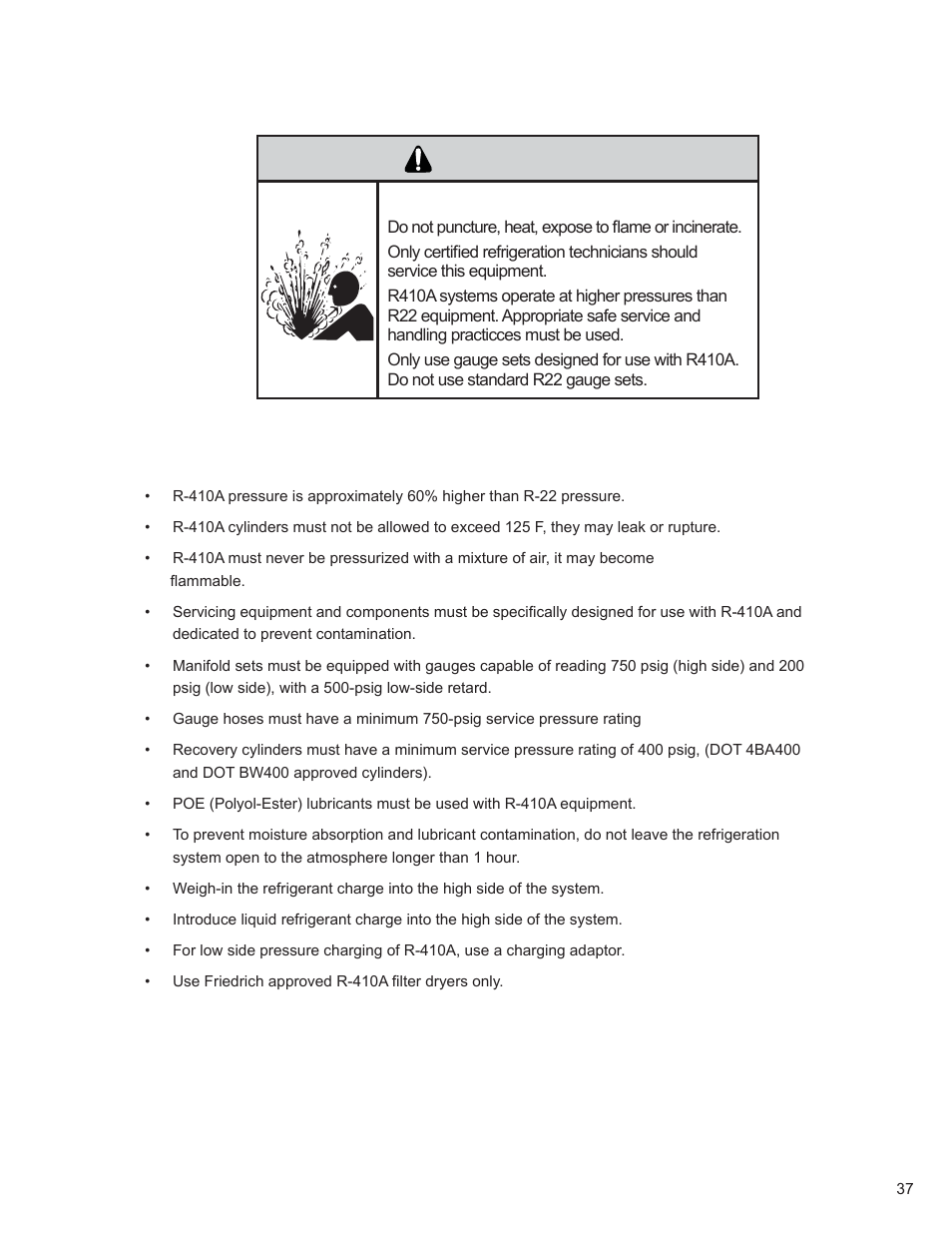 Warning, R-410a sealed system repair considerations | Friedrich KUHL R-410A User Manual | Page 38 / 87