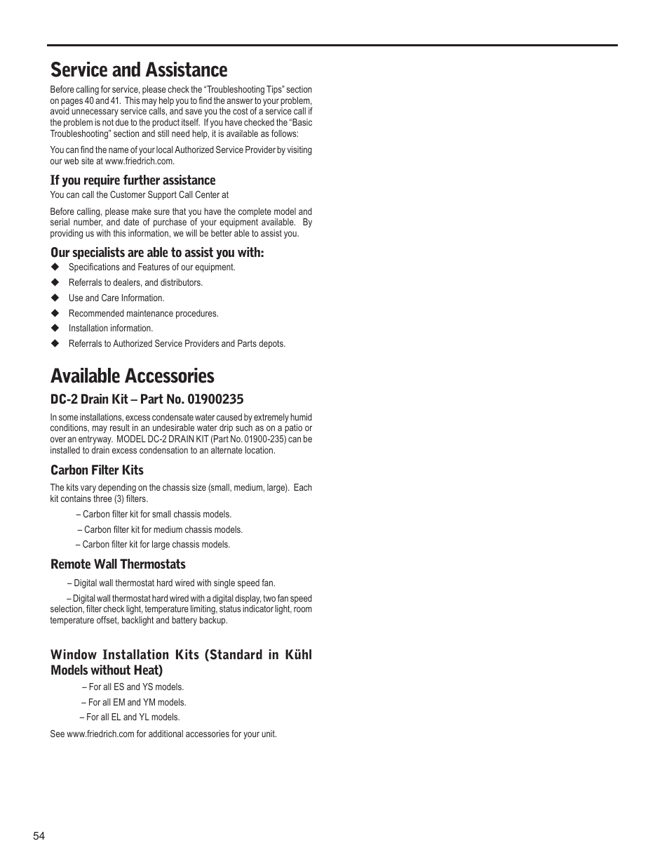 Service and assistance, Available accessories | Friedrich KUHL R-410A User Manual | Page 55 / 87