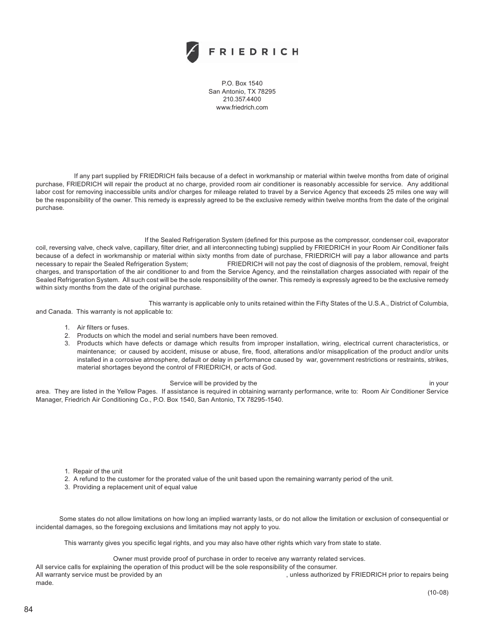 Room air conditioners limited warranty, First year, Second through fifth year | Friedrich KUHL R-410A User Manual | Page 85 / 87