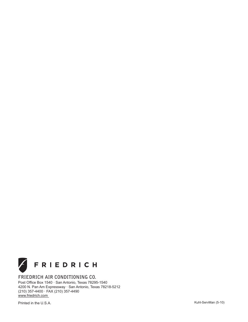 Friedrich air conditioning co | Friedrich KUHL R-410A User Manual | Page 87 / 87