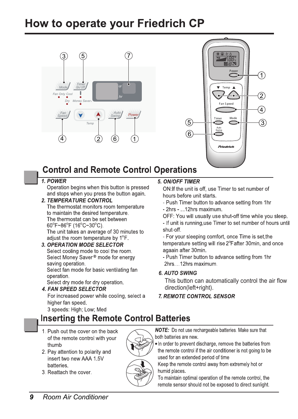 9 room air conditioner, Auto swing | Friedrich CP10E10 User Manual | Page 9 / 30