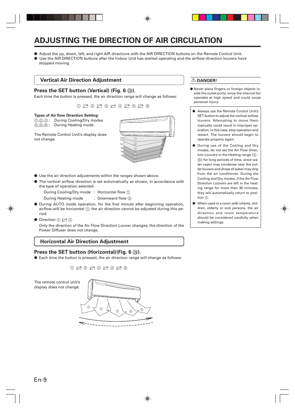 Adjusting the direction of air circulation, En-9 | Friedrich MW24Y3F User Manual | Page 10 / 46
