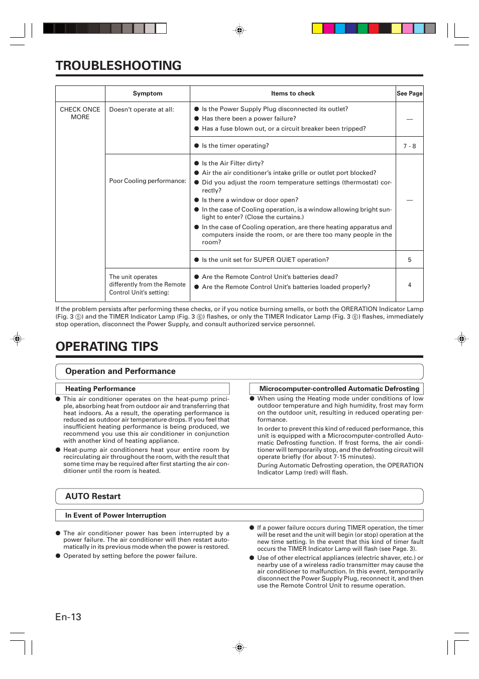 Troubleshooting, Operating tips, En-13 | Friedrich MW24Y3F User Manual | Page 14 / 46