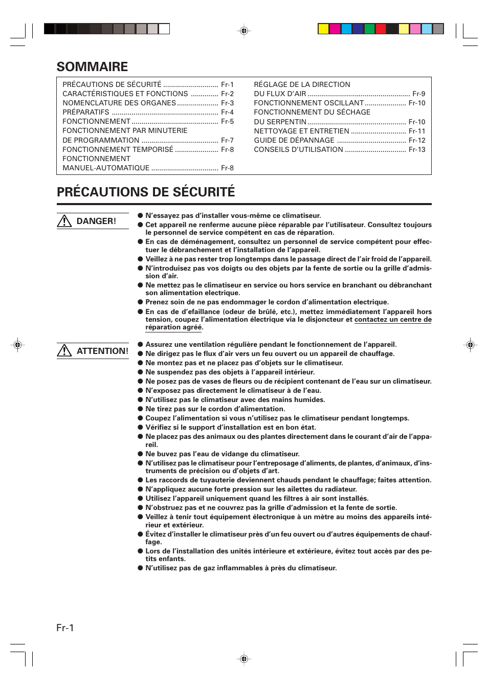 Sommaire, Précautions de sécurité, Fr-1 | Friedrich MW24Y3F User Manual | Page 16 / 46