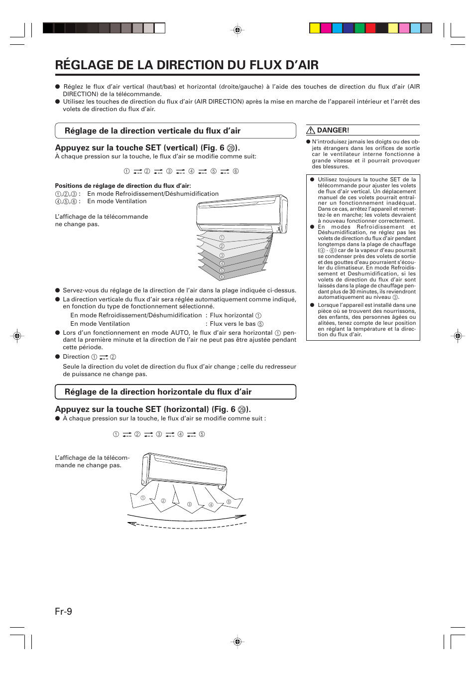 Réglage de la direction du flux d’air, Fr-9 | Friedrich MW24Y3F User Manual | Page 24 / 46